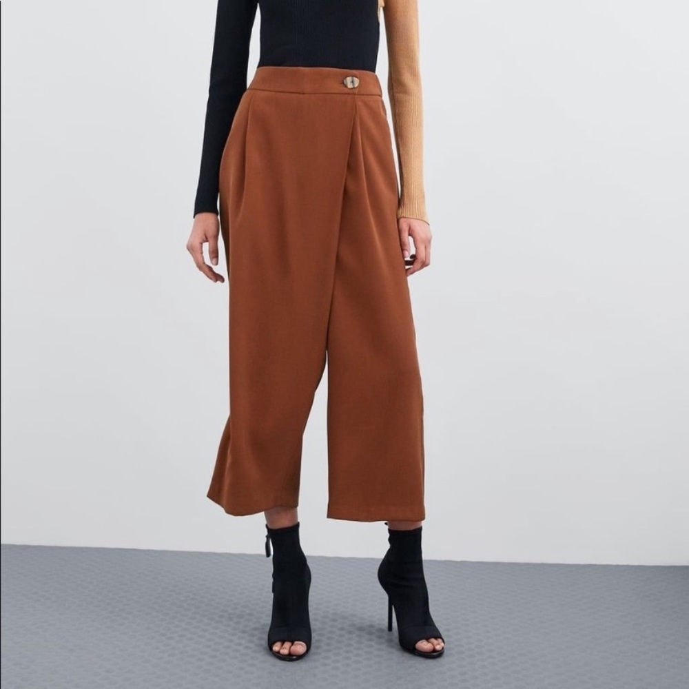 Zara Brown Crossover Wide Leg Culottes S